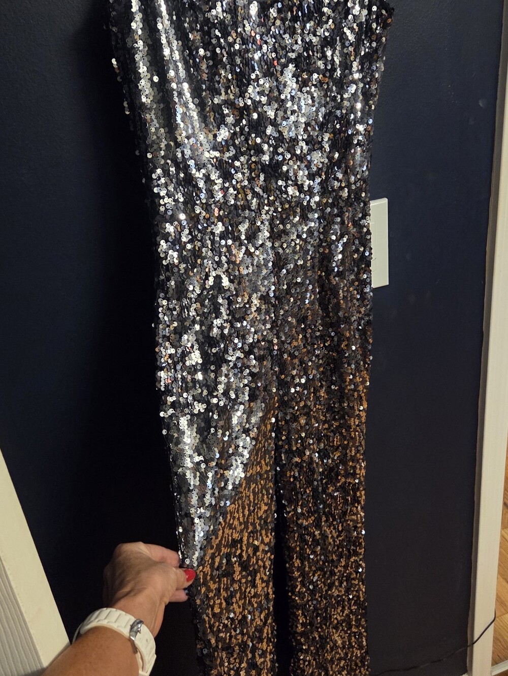 Dress the Population Reversible Sequin Jumpsuit in Silver and Gold